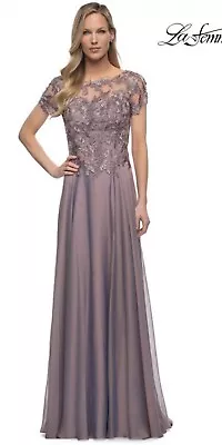 NWT La Femme  Chiffon / Lace Column A-Line  Gown In Dark Mauve Sz 8 Orig $535 • $189.99