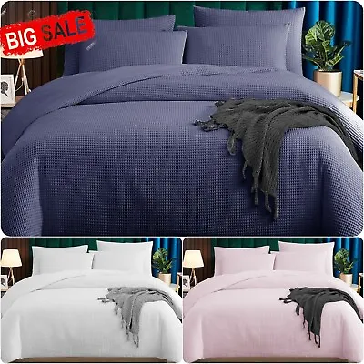 100% Cotton Quilted Waffle Duvet Cover Bedding Set Single Double Super King Size • £17.35