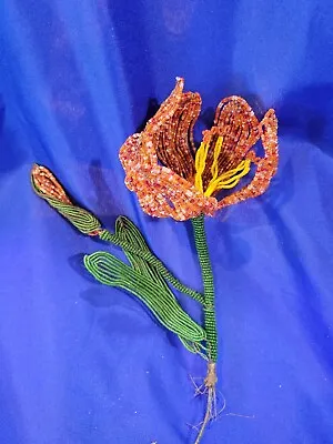 Vintage Large French Glass Seed Bead Orange Lily Flowers Leaves • $32.99