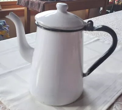 Vintage White & Black Trim Enamelware Coffee Pot With Hidged Lid 7  Length • $23