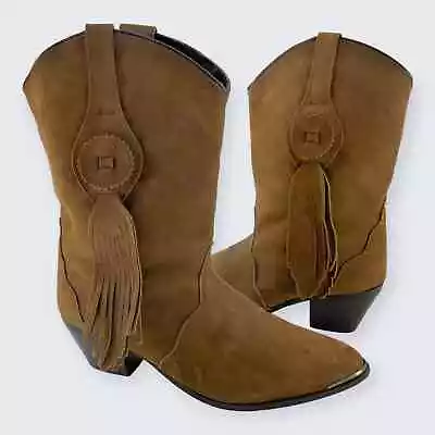 Oak Tree Farms Brown Nubuck Leather Tassel Western 2  Block Heel Boot 6.5 • $18