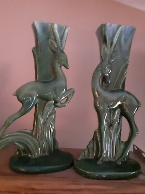 2 Vintage Mid  Century Iridescent Green/Blue Royal Haeger Ceramic Gazelle Vases  • $69.99