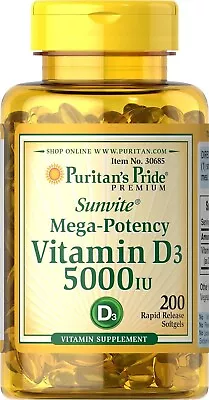 VITAMIN D3 Mega Potency PURITANS PRIDE 5000 IU Immune Supplement 200 Softgels • $7.97