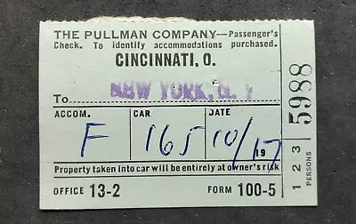 VTG 1956 The Pullman Co Cincinnati Check Luggage Tag Train Ticket TO NEW YORK NY • $14.99