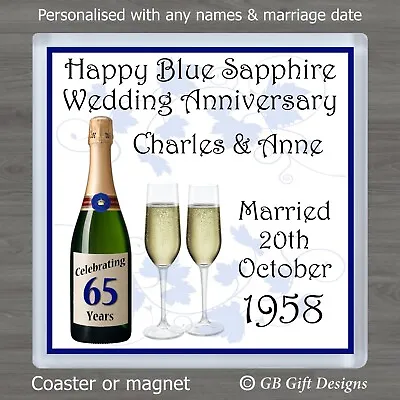 £4.25 • Buy PERSONALISED 65th BLUE SAPPHIRE WEDDING ANNIVERSARY COASTER / MAGNET GIFT 