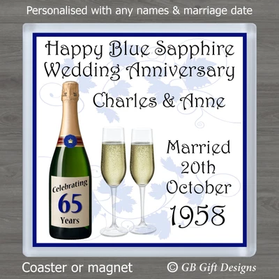 £4.25 • Buy PERSONALISED 65th BLUE SAPPHIRE WEDDING ANNIVERSARY COASTER / MAGNET GIFT 