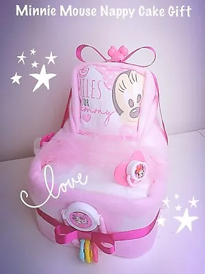 Nappy Cake Girl Minnie Mouse Diaper Cake Pink Baby Shower Gift Wrapped Boxed • £24.55
