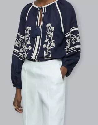 Jigsaw Embroidered Linen Blend Navy White Floral Top Blouse Uk 16 Us 12 Eu 44 • £49.99