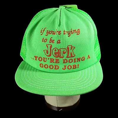 80s Vintage Trucker Hat Trying To Be A Jerk Snapback Ball Cap Neon Green NOS NWT • $12.95