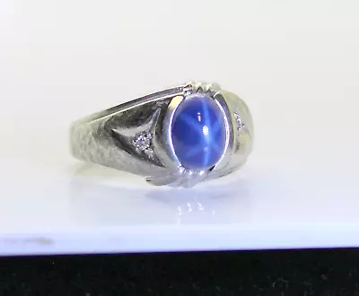 Gorgeous Men's 10K White Gold 2 Ct Blue Star Sapphire & Diamond Ring Size 8.75 • $450