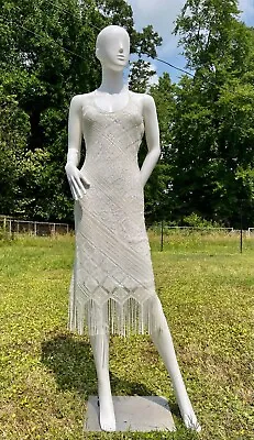 Vtg 90's White Metallic Crochet Party Halter Dress Wedding Cocktail Flapper Sz S • $125