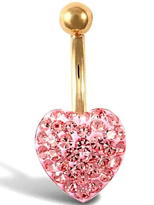 9ct Gold Belly Bar Heart Pink Crystal Solid 9 Carat Yellow Gold NEW GREAT GIFT • £61