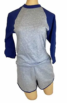 Vintage Small Rayon Raglan Gym Shorts T-shirt Outfit Set Russell Athletic Blue • $39.76