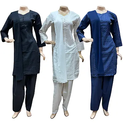 Indian Pakistani Women's Black Cotton Suit Embroidered Salwar Kameez Shalwar • £18.50