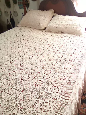 Vtg Crochet Bedspread -shams Double 64  X 72  Rose Pattern-lace Scallopped Edge • £43.15