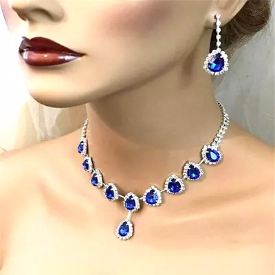 £5.89 • Buy Sparkling Silver Blue Wedding Bridal Crystal Rhinestone Necklace Earring Set UK