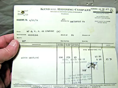 1924 Kendall Refining Co. Smethport PA Motor Gasoline Receipt To Mt Jewett RR • $24.99