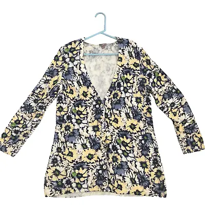 J Jill Cardigan Yellow Blue Floral Knit Cardigan Sweater Button Down Sz Medium • $25