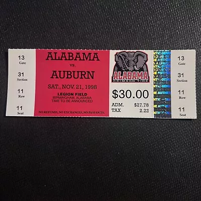 1998 ALABAMA Vs AUBURN Football FULL Ticket NCAA SEC TIGERS TIDE IRON BOWL • $45.99