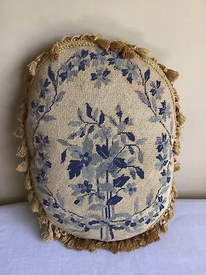 Vintage Handcrafted Needlepoint Blue Floral Gold Velvet Tassel Oval Throw Pillow • $69.99