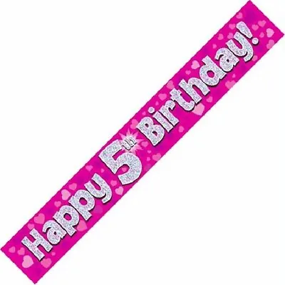 9ft Pink Happy 5th Birthday Holographic Foil Banner Age 5 Party Decorations • £1.99