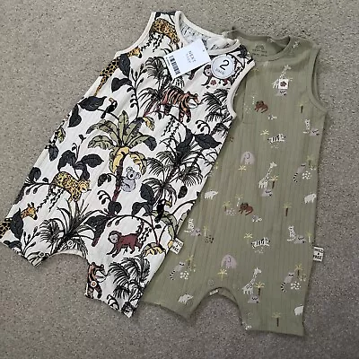 New Next Baby 2 Pack Jungle Animal Summer Romper Sleepsuits 9-12 Months • £16
