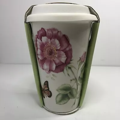 New Lenox Ceramic Thermal Travel Mug Butterfly Meadow Tumbler 10oz Silicone Lid • £21.27