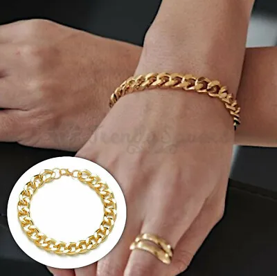 Men Women 18K Gold Plated Stainless Steel Cuban Pattern Link Chain Bracelet 7MM • £4.99