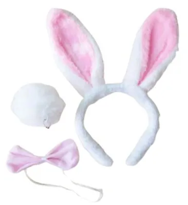 Bunny Rabbit Ears Headband Tail Bow Tie White Pink 3 Pcs Set Easter Fancy Dress • £5.99