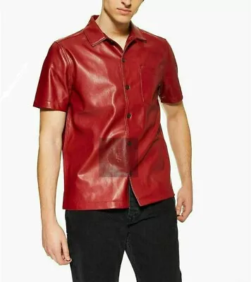 Men's Trendy Red Leather Shirt Genuine Soft Authentic Lambskin Shirt • $99.99