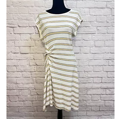 Max Studio Short Sleeve Side Knot Midi Dress Size L. White With Tan Stripes.  • $16