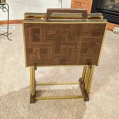 Rare Vintage Set Of 6 TV Trays Faux Parquet Wood Brass W/ Stand Mid Century • $174.99