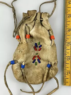 Vtg/Antique Leather Marble Bag Pouch Drawstring Closure Indian Bead Toy RARE • $29.95