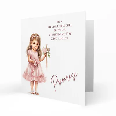 Personalised Christening Card For Girls Baptism Cute Little Girl With Cross • £3.79