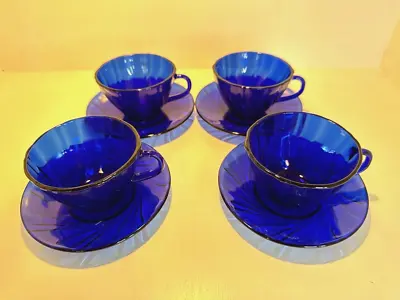 Vereco Duralex Bormioli Rocco Rivage Swirl Cobalt Blue Teacup & Saucer Set Of 4 • $29.99