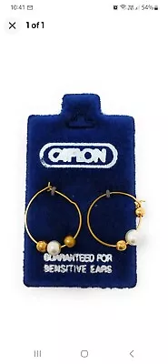 Caflon Hoop Earrings Pair Gold 15mm - Pearl & Gold Beads For Sensitive Ears • £3