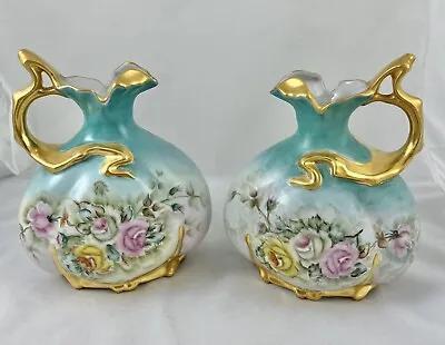 Pair Vintage Hand Painted  Gold Vases Signed Martha Underhill 1958 Pitcher • $150