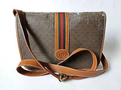 Vintage Gucci Sherry Crossbody Flap Bag Monogram Micro GG Taupe Canvas Leather • $98.99