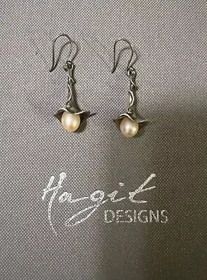 HG Hagit Gorali Israel Sterling Silver 925 Modernist Pearl Wire Earrings  • $85