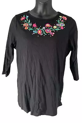 Quacker Factory Embroidered Abloom 3/4-Sleeve Top Black • $17.99