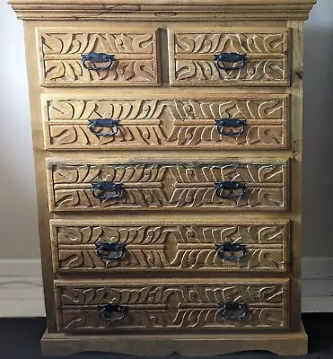 Large Set Of Rustic Hand Carved Mango Wood Drawers 2 Over 4 Very Good Condition • £390