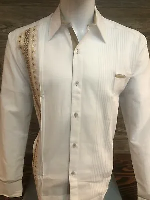 Mens Mexican Guayabera Dress Shirt 100% Linen Long Sleeve Beige Brown Embroidery • $50