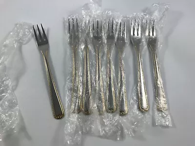 STAINLESS Set Of 8 COCKTAIL FORKS - GLOSSY With GOLDEN RIBBON - NEW In WRAPPERS • $14.95