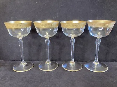 Vintage Set Four (4) Cocktail Glasses 5” 2 Oz Gold Encrusted  Rim • $32