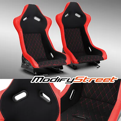 Universal Main Black+Red Side PVC Sport Reclinable Racing Seats Pair Left+Right • $319.98