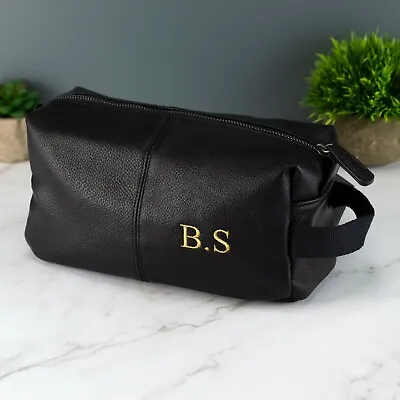 Personalised Embroidered Mens Leather Toilet Wash Bag With Strap Black Or Brown  • £19.99