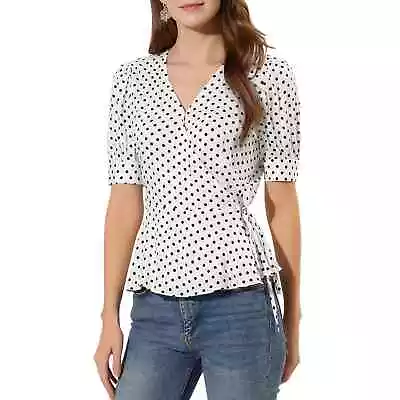 Allegra K Women's Dots Print V Neck Tie Waist Wrap Peplum Top White M (UK 12) • £14.99