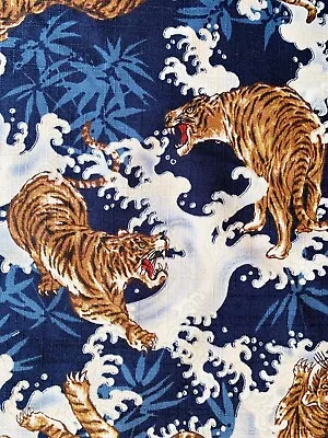 Tigers Fabric Japanese Blue White Oriental Cotton Chinese Hokusai Waves  • £10.05