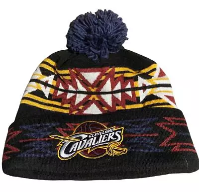 Cleveland Cavaliers Cuffed Knit Beanie Hat Black Geo Mitchell & Ness W/pom Nwt  • $17.98