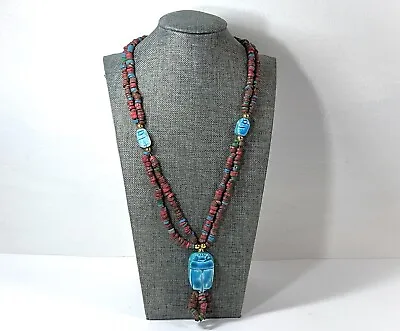 Vintage Egyptian Scarabs & Mummy & Gold Tone Beads Necklace. 20  Long. 3  Drop. • $29